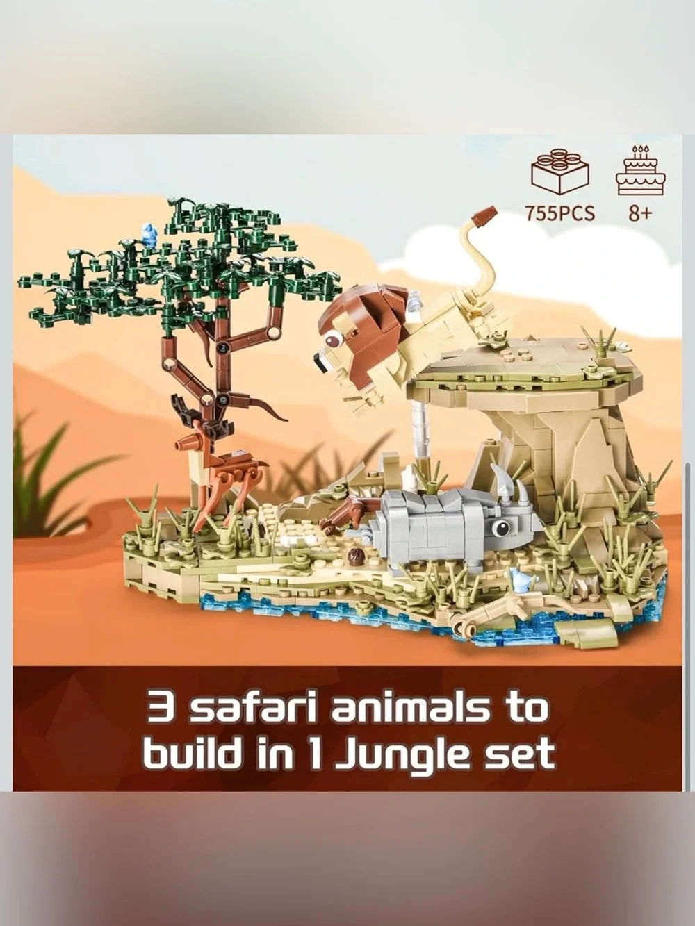 Tropical Savanna Forest Building Block Set Rhino, Deer, Lion Ages 6+ New in Box